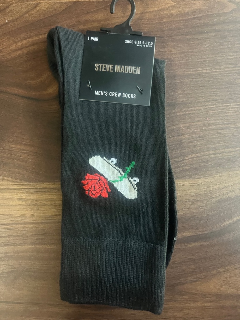 Steve Madden Black Crew Socks with Red Rose and Green Stem